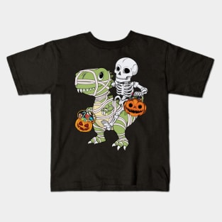 Skeleton Riding Mummy Dinosaur T Rex - Trick Rawr Treat Kids T-Shirt